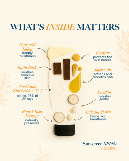 Sky and Sol Mineral Sunscreen SPF 50 | With Grass-Fed Tallow & Zinc Oxide | Non-Greasy Formula for Face & Body | Made Without Reef-Harming UV Filters | 3 oz (85 g)